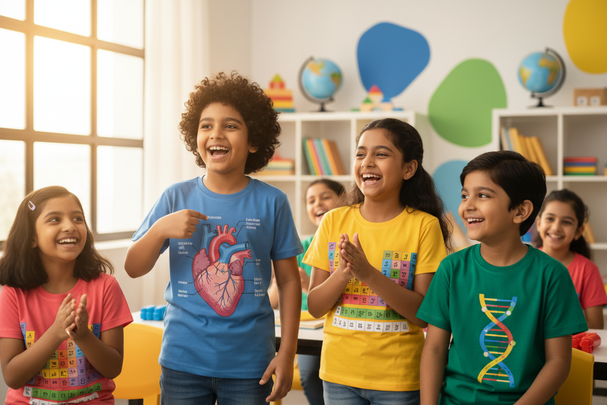 A bright, modern hero banner showing Indian diverse kids aged 8-12 wearing educational t-shirts with science diagrams (heart anatomy, periodic table). Kids are in a colorful classroom setting, smiling and engaged in learning. One child points at their shirt excitedly. Warm natural lighting, professional children's brand photography. Clean, vibrant aesthetic with blues, greens, and yellows. Landscape format 1920x800px. High quality, sharp focus.
